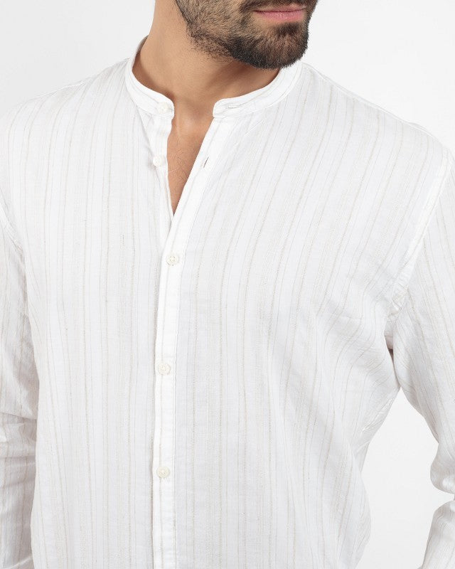 Camicia collo coreano rigata misto cotone lino