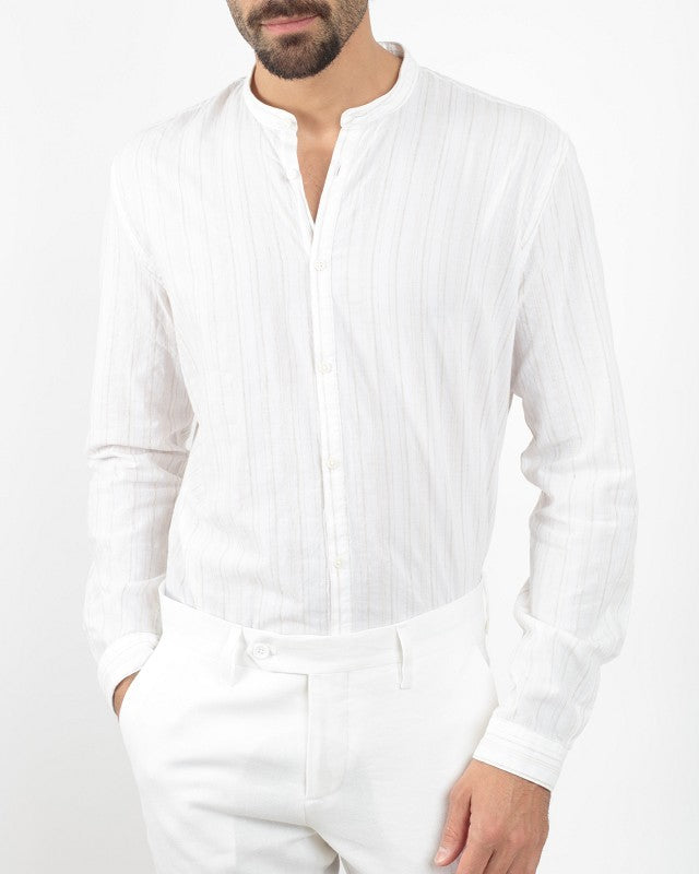 Camicia collo coreano rigata misto cotone lino