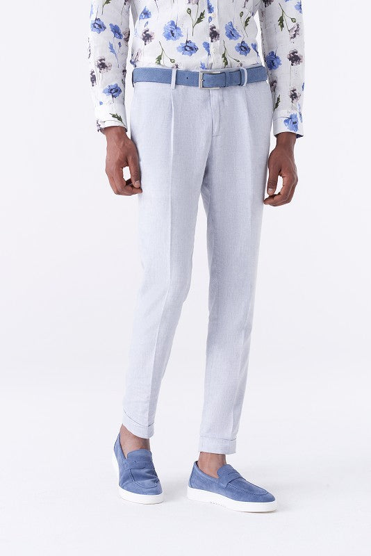Pantalone con pinces trama diagonale misto lino