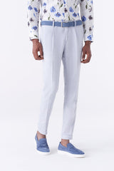 Pantalone con pinces trama diagonale misto lino