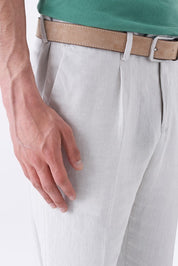 Pantalone con pinces trama diagonale misto lino