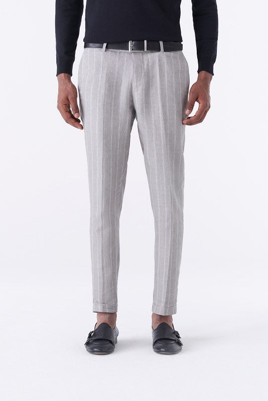 Pantalone gessato grigio in puro lino