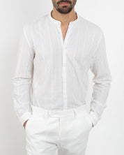 Camicia collo coreano rigata misto cotone lino