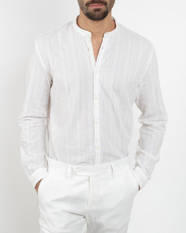 Camicia collo coreano rigata misto cotone lino