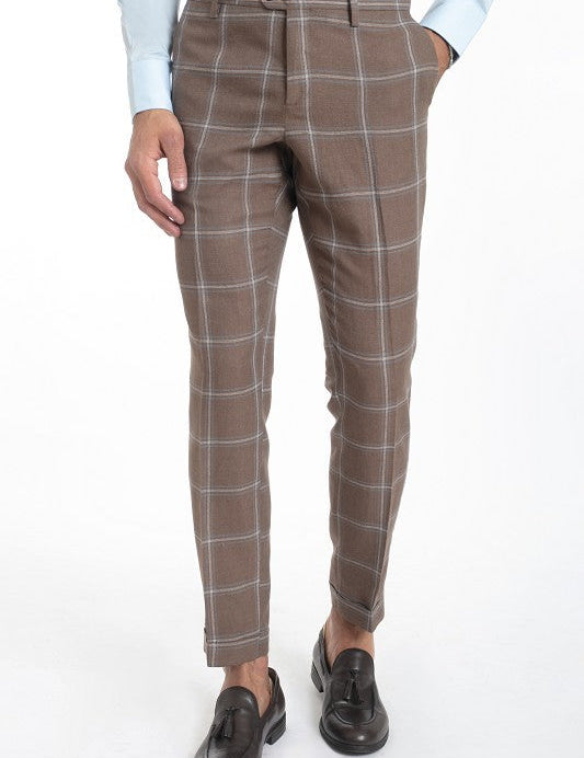 Pantalone fantasia a quadri misto lino