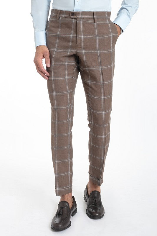 Pantalone fantasia a quadri misto lino