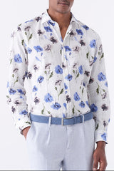 Camicia fantasia fiori misto lino cotone slim fit