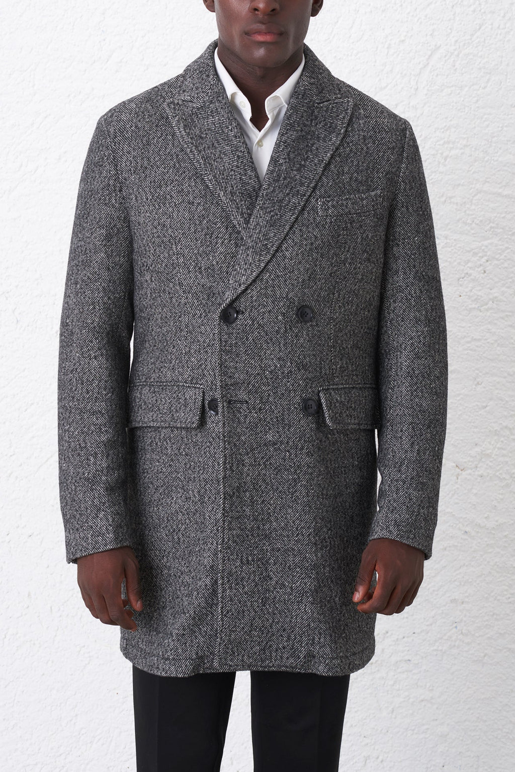 Cappotto Doppiopetto Misto Lana Spigata Bouclé