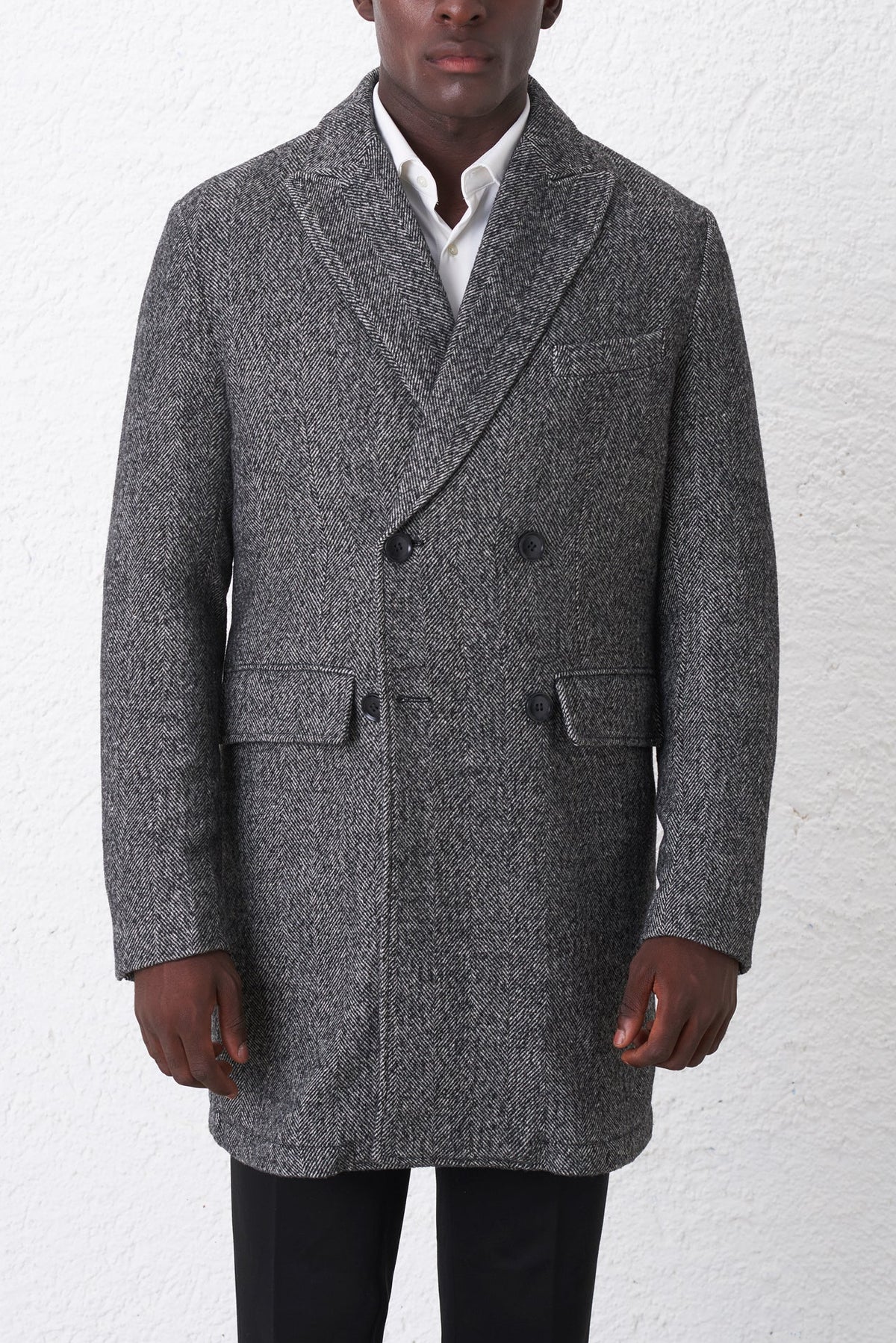Cappotto Doppiopetto Misto Lana Spigata Bouclé