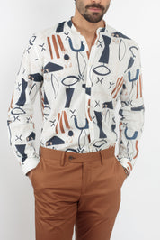 Camicia collo coreano rigata misto cotone lino