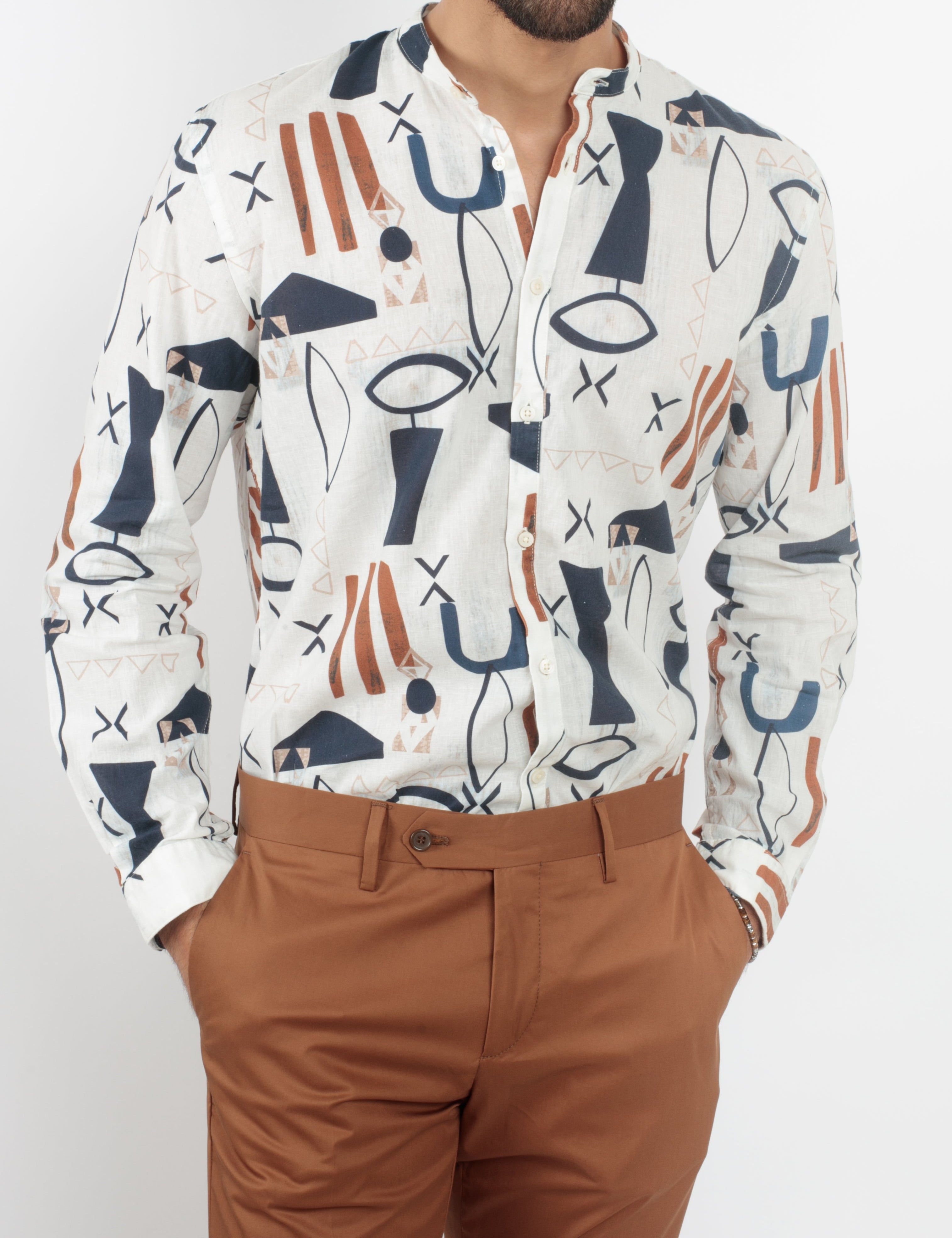 Camicia collo coreano rigata misto cotone lino