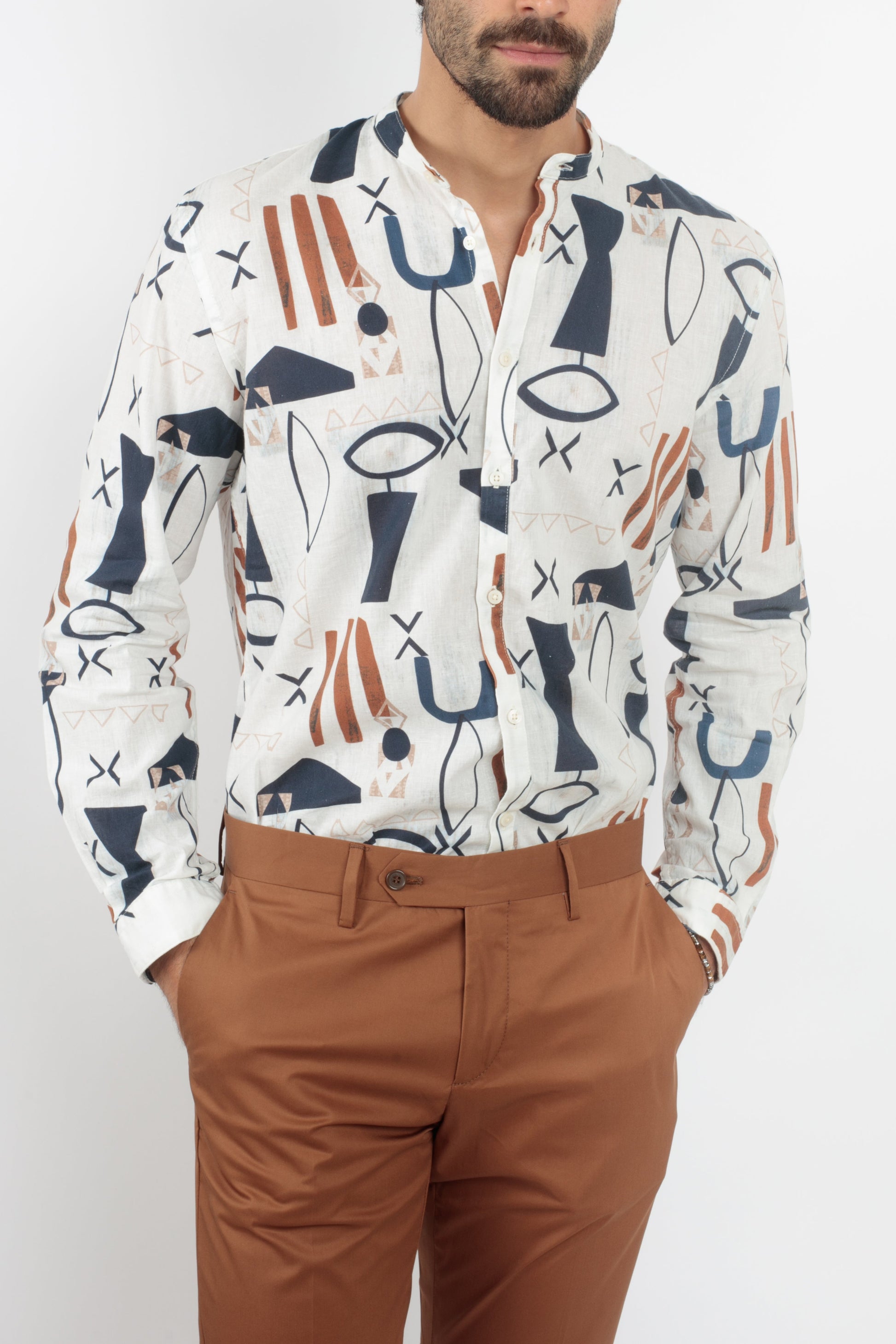 Camicia collo coreano rigata misto cotone lino