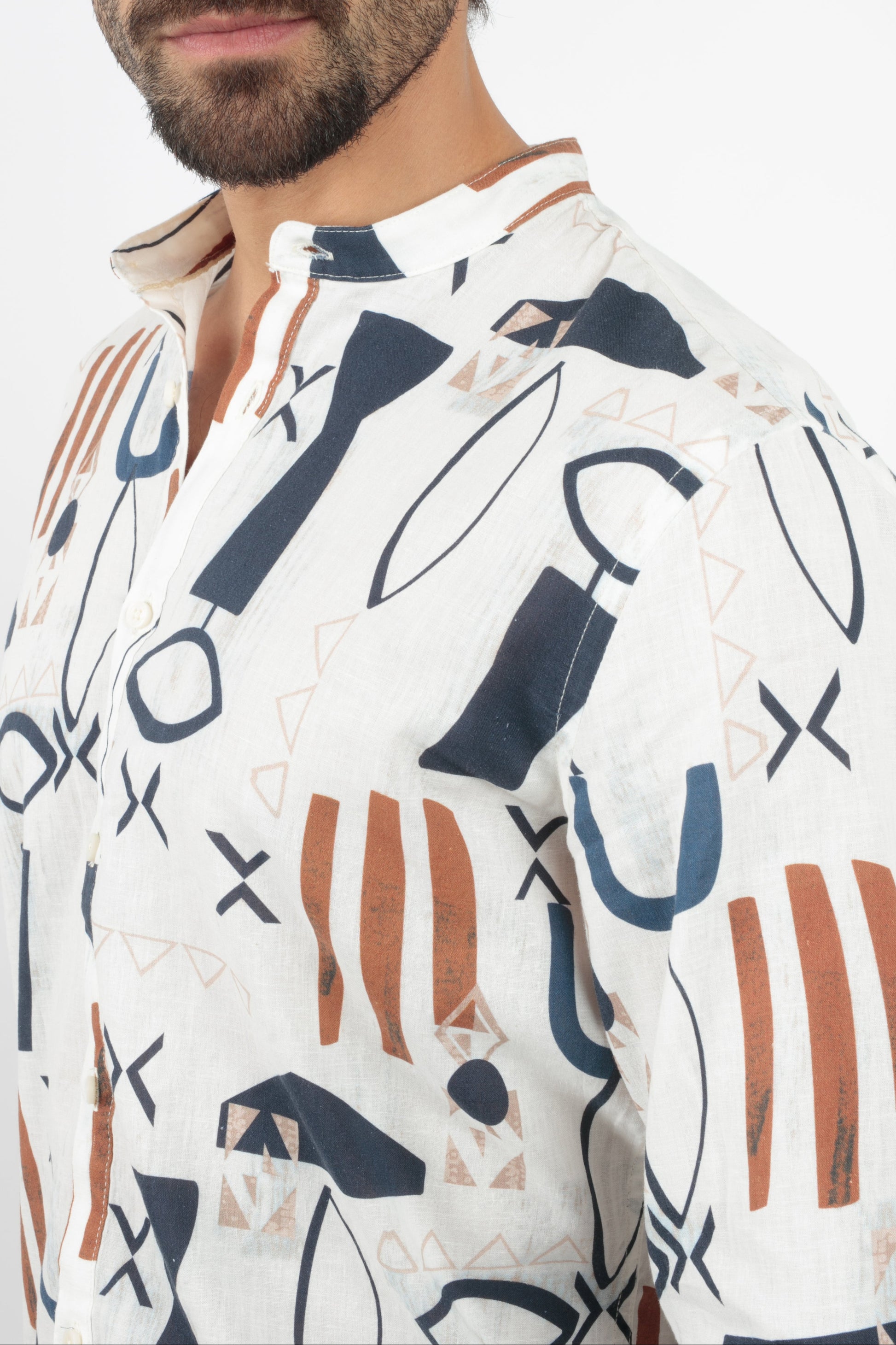Camicia collo coreano rigata misto cotone lino
