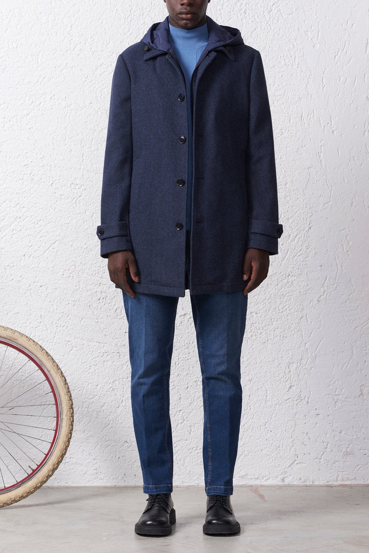 Cappotto Blu Misto Lana con Cappuccio Removibile