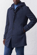 Cappotto Blu Misto Lana con Cappuccio Removibile