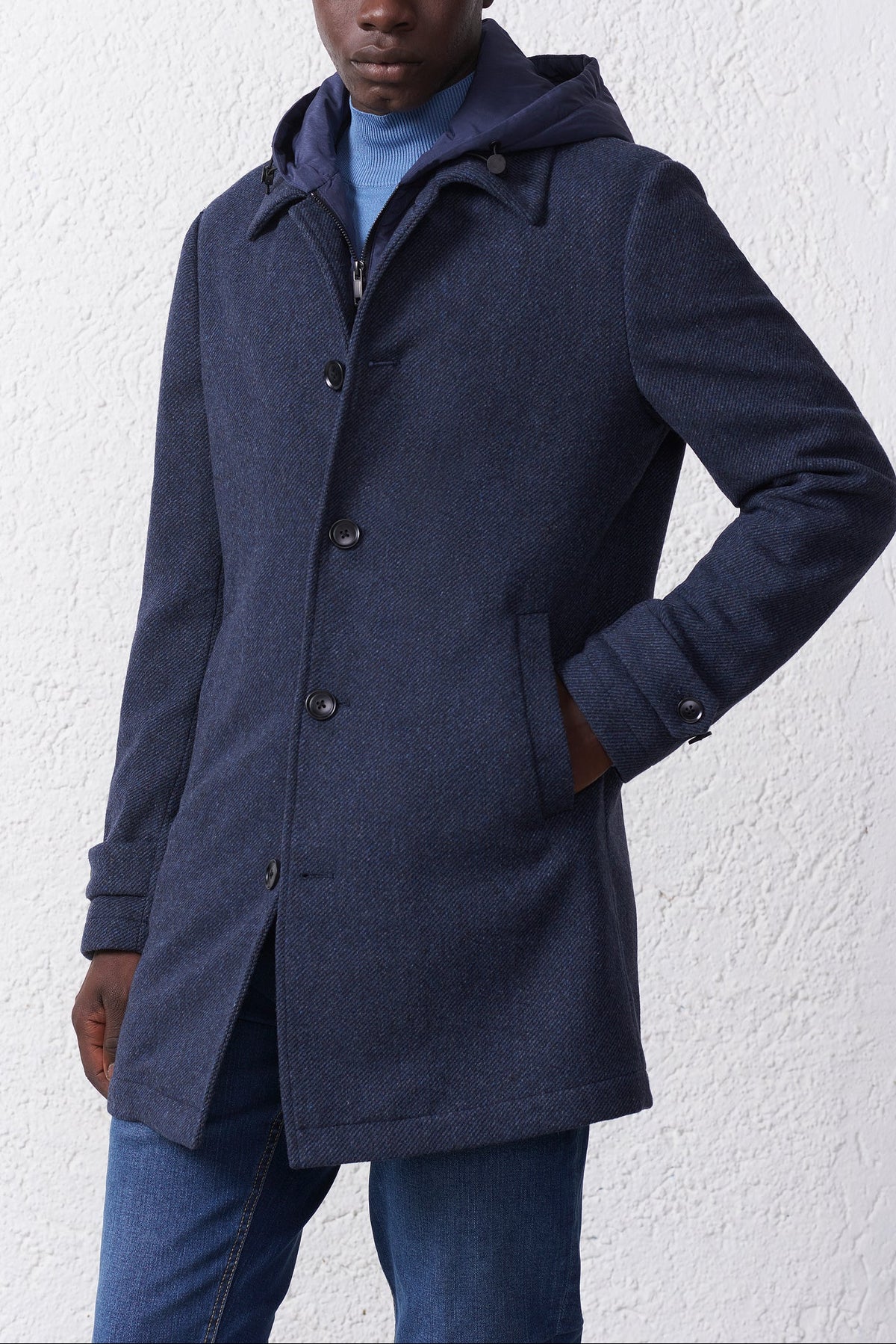Cappotto Blu Misto Lana con Cappuccio Removibile