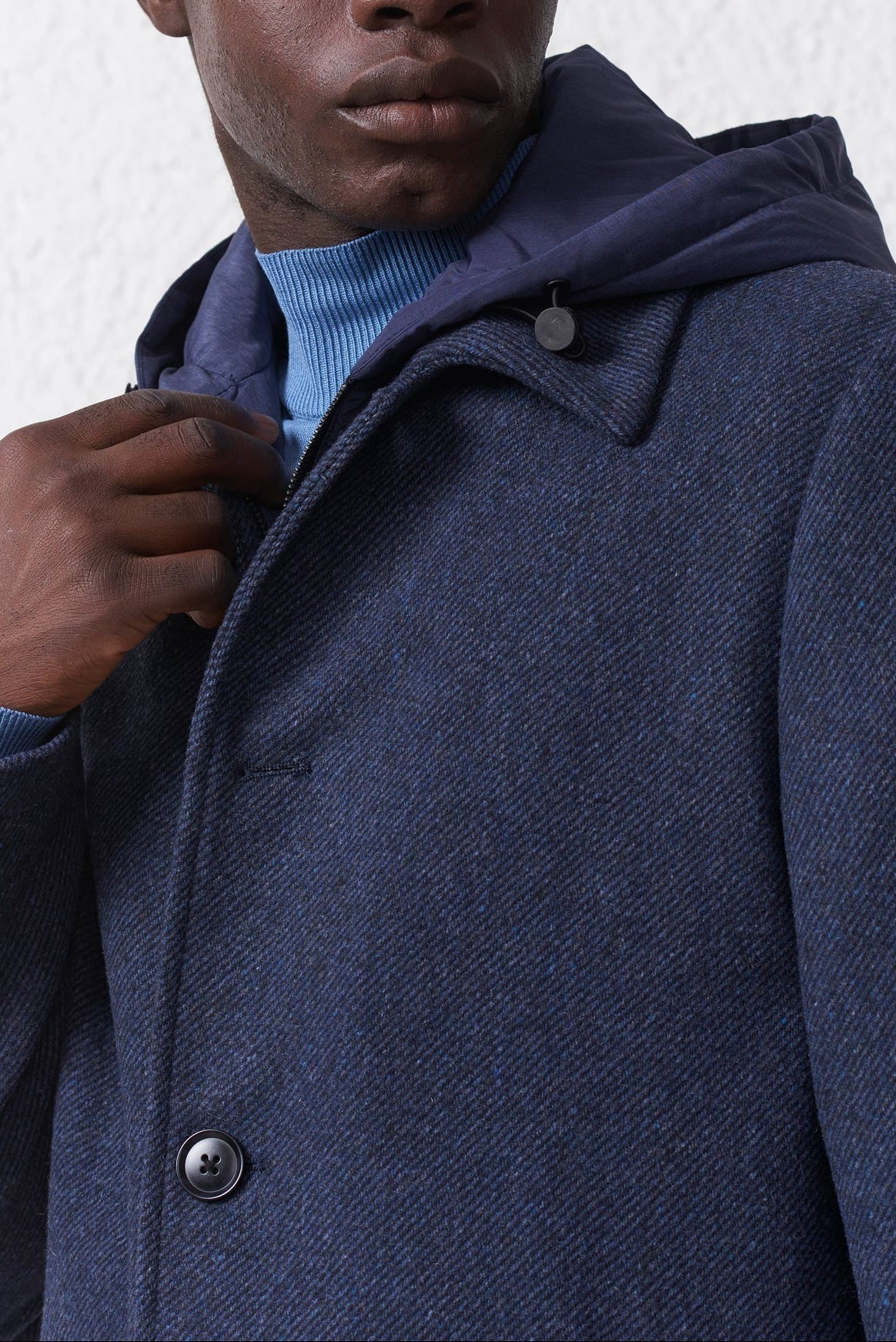 Cappotto Blu Misto Lana con Cappuccio Removibile