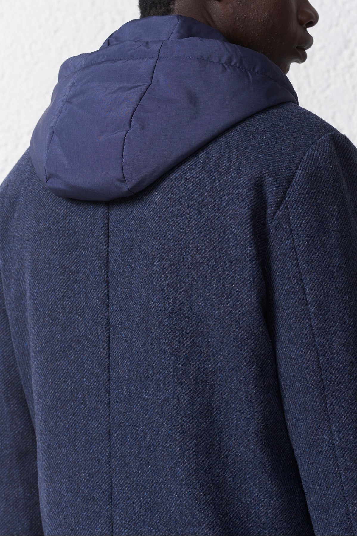 Cappotto Blu Misto Lana con Cappuccio Removibile