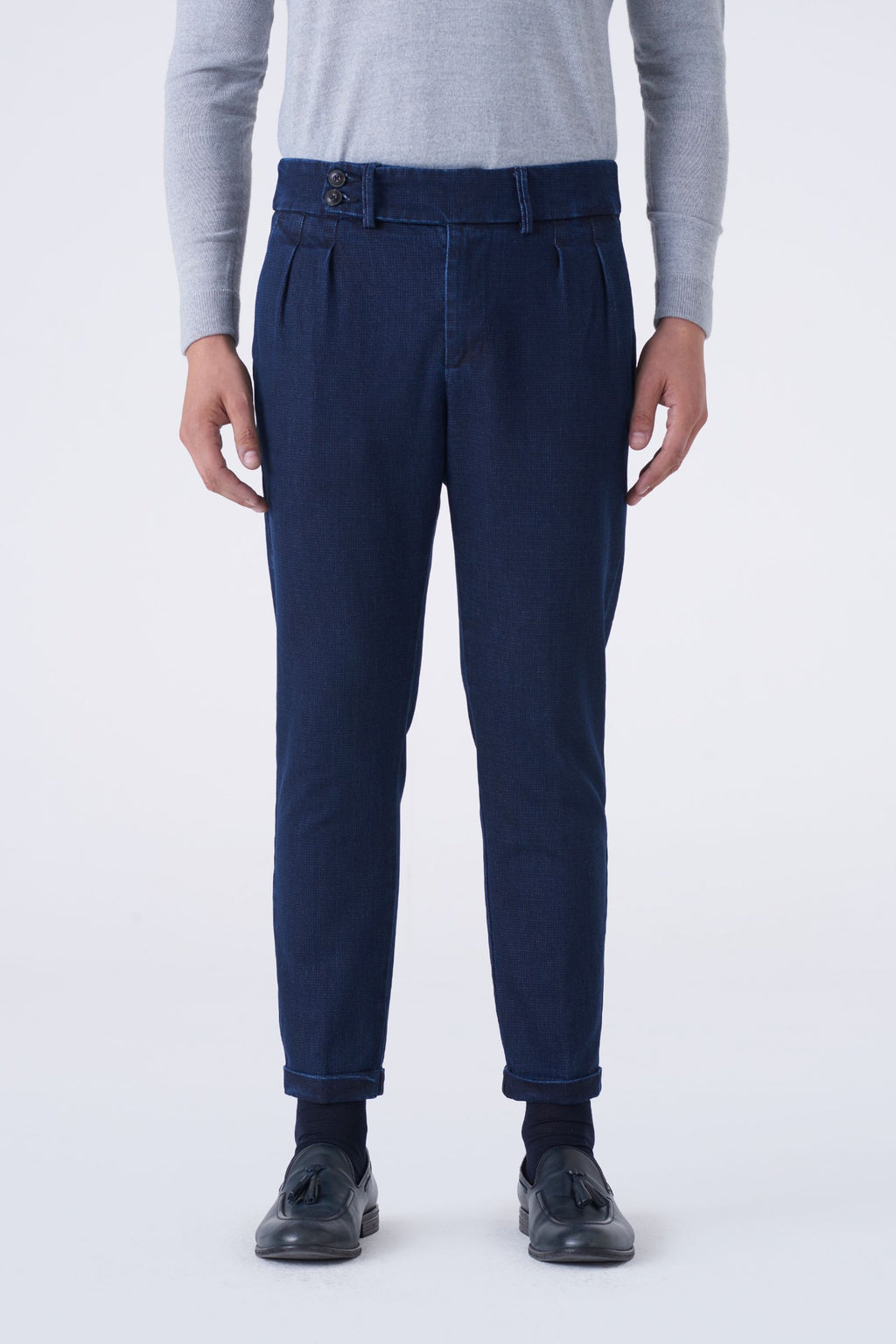 Jeans vita alta con doppia pinces microfantasia