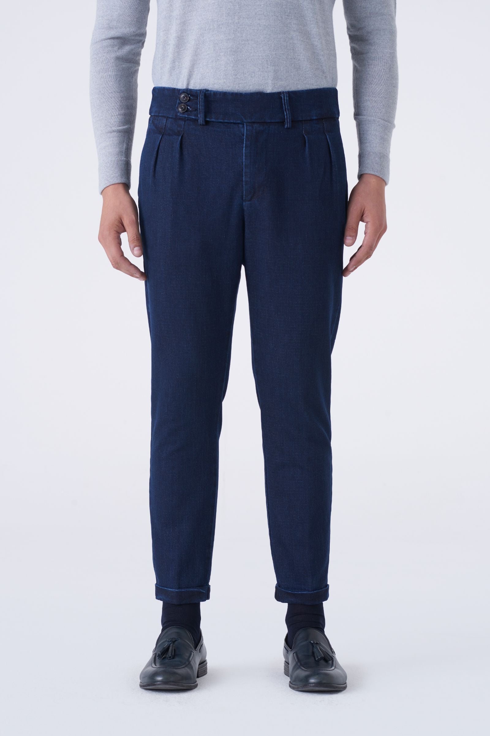 Jeans vita alta con doppia pinces microfantasia